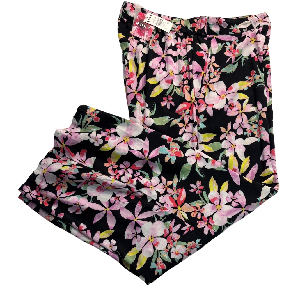 Roxy Midnight Avenue Floral Wide Leg Pants Black Pink  Womens L